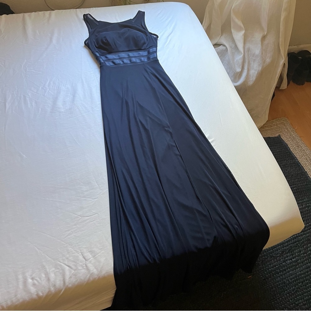 LA FEMME blue knit mesh sheer stripe detail sleeveless cutout maxi dress gown